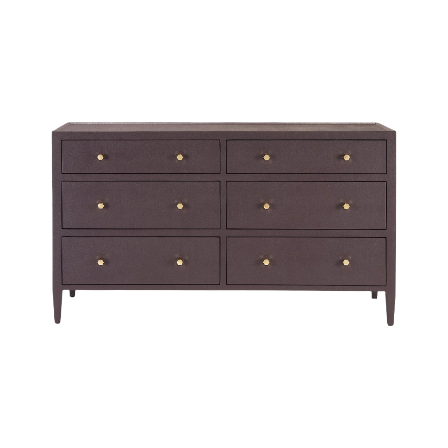 The Jarin Dresser Collection by Made Goods features a dark brown wooden dresser with eight drawers, each adorned with a round gold knob and crafted with quality detail, set on short legs.