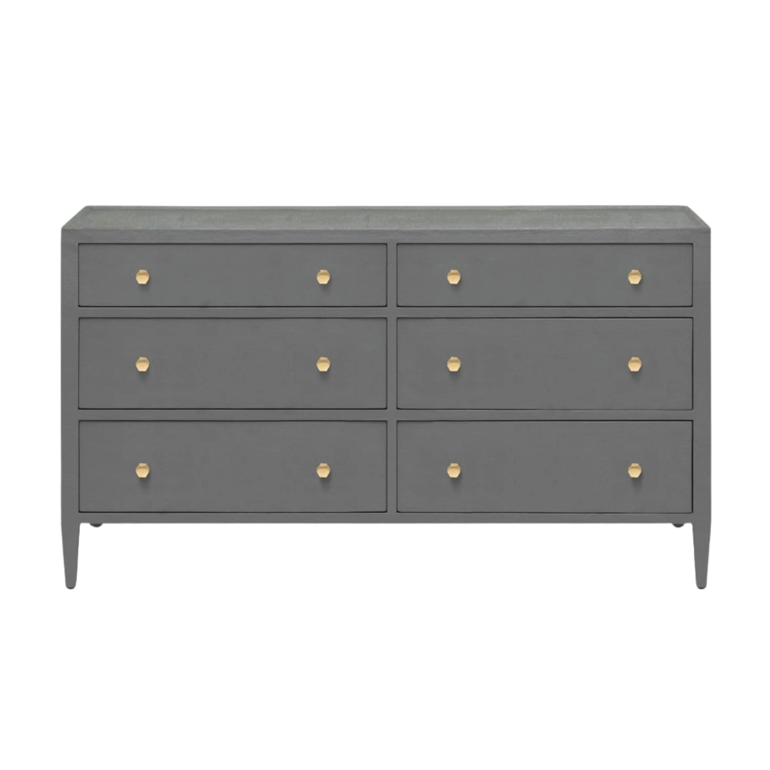 The Jarin Dresser Collection by Made Goods is a gray linen dresser with six drawers, gold round knobs, and tapered legs, shown from the front against a plain background.