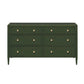 The Jarin Dresser Collection by Made Goods features a dark green wood linen dresser with six drawers, round gold knobs, smooth European glides, and four tapered legs—showcasing quality craftsmanship.