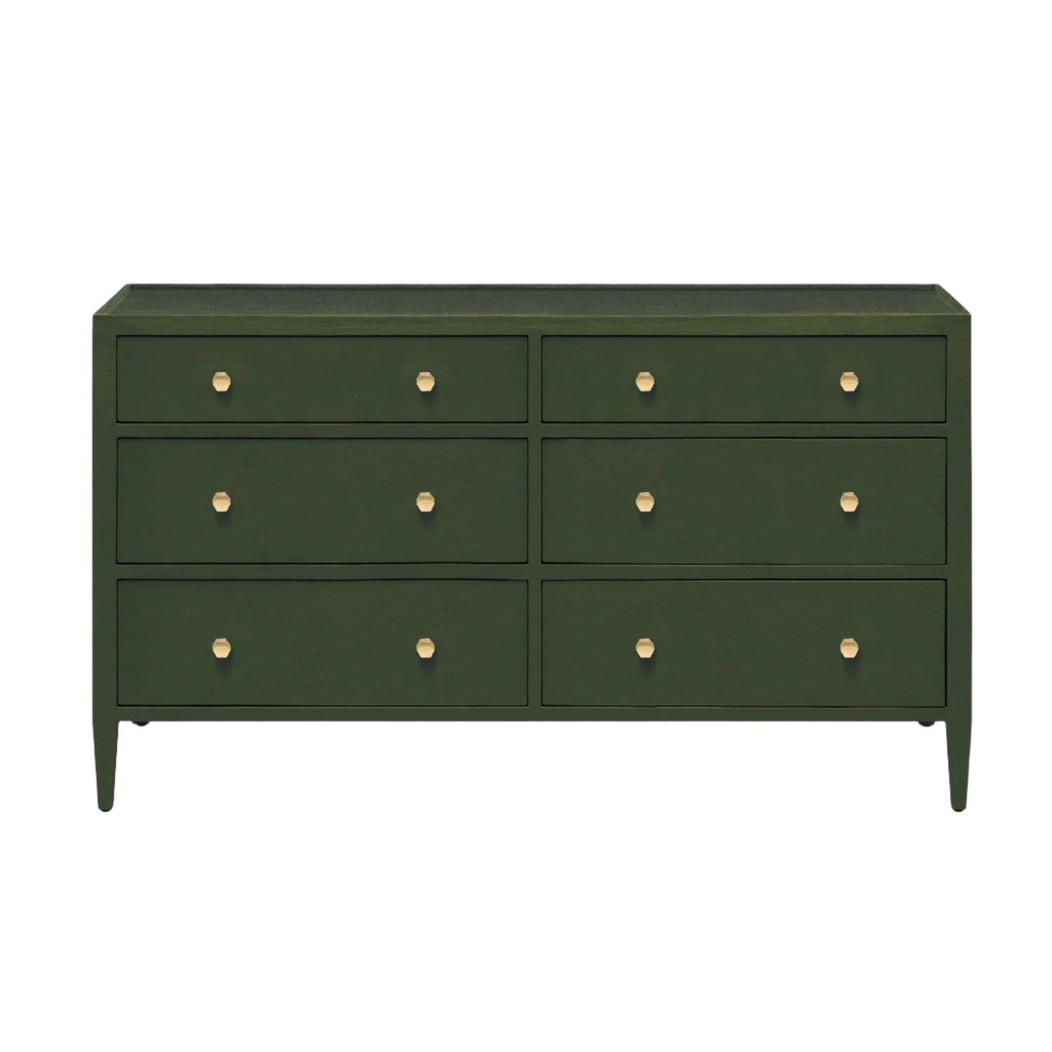 The Jarin Dresser Collection by Made Goods features a dark green wood linen dresser with six drawers, round gold knobs, smooth European glides, and four tapered legs—showcasing quality craftsmanship.