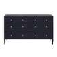 The Jarin Dresser Collection by Made Goods features a black six-drawer dresser with gold knobs, tapered legs, quality craftsmanship, and smooth European glides, displayed against a white background.