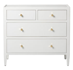 The Jarin Dresser Collection by Made Goods is a white linen dresser with gold knobs, offering two small top drawers and two larger bottom drawers. It features quality craftsmanship and smooth European glides for effortless use.
