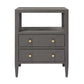 The Jarin Nightstand Collection by Made Goods features a dark brown wooden nightstand with an open top shelf, two drawers with round metal knobs, and four tapered legs.
