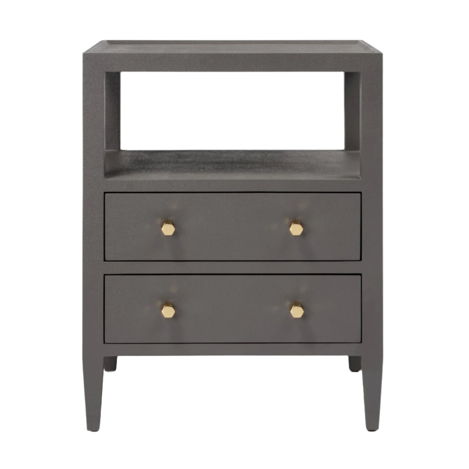 The Jarin Nightstand Collection by Made Goods features a dark brown wooden nightstand with an open top shelf, two drawers with round metal knobs, and four tapered legs.