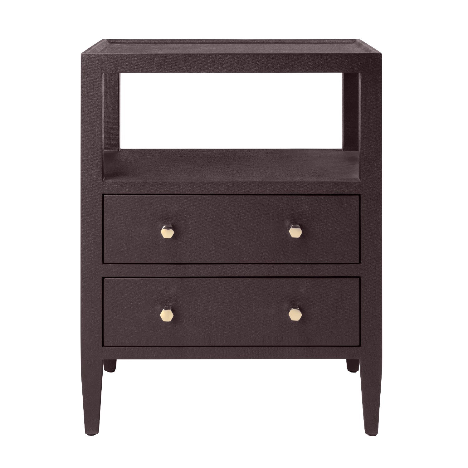 The Made Goods Jarin Nightstand Collection features a dark brown wood nightstand with two drawers on European glides, gold knobs, an open shelf, and tapered legs—showcasing quality craftsmanship.