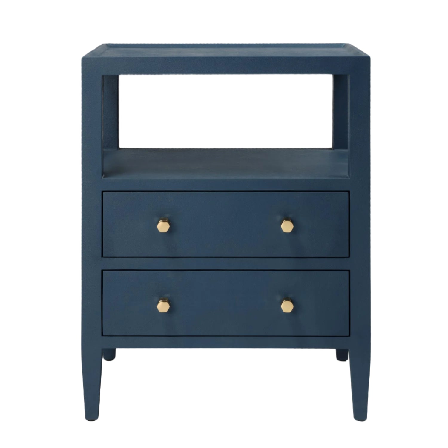 The Jarin Nightstand Collection by Made Goods features a navy blue linen nightstand with two drawers, gold knobs, an open shelf above the drawers, and quality craftsmanship.