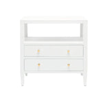 The Jarin Nightstand Collection by Made Goods features quality white wood craftsmanship, an open top shelf, and two lower drawers with double round gold knobs.