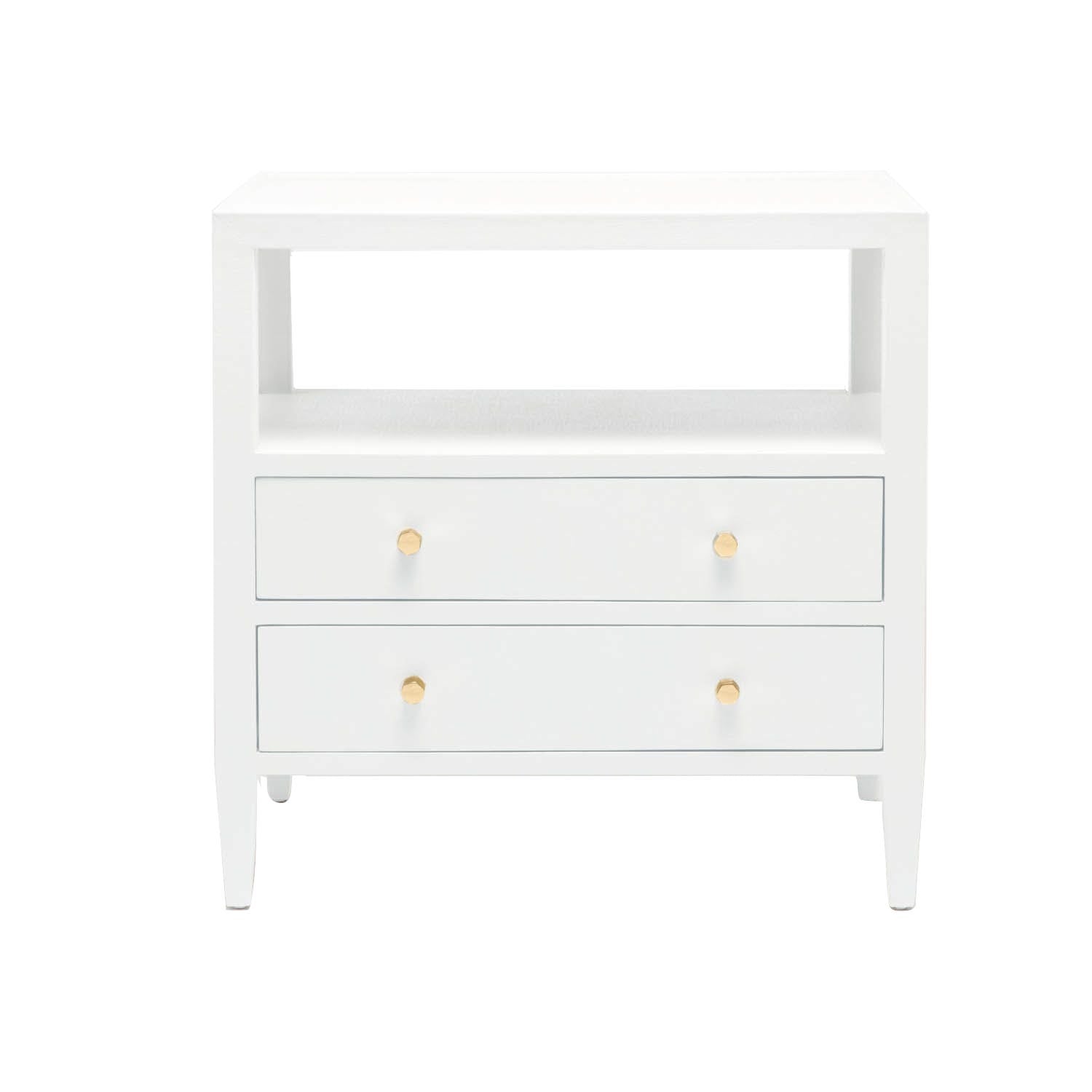The Jarin Nightstand Collection by Made Goods features quality white wood craftsmanship, an open top shelf, and two lower drawers with double round gold knobs.