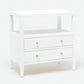The Jarin Nightstand by Made Goods is a white wooden piece with two drawers featuring round knobs, an open shelf above, and quality craftsmanship for lasting appeal.