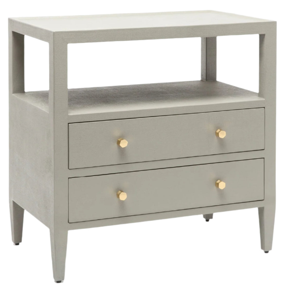 The Made Goods Jarin Nightstand is a light gray linen piece with two drawers featuring round gold knobs, European glides for smooth use, and an open shelf above the drawers.