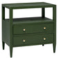 The Jarin Nightstand by Made Goods is a green wooden side table with two drawers on European glides, gold knobs, and an open shelf above the drawers, highlighting quality craftsmanship.