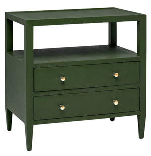 The Jarin Nightstand by Made Goods is a green wooden side table with two drawers on European glides, gold knobs, and an open shelf above the drawers, highlighting quality craftsmanship.