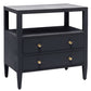 The Made Goods Jarin Nightstand is a modern black linen piece with two drawers featuring gold knobs, an open upper shelf, and smooth European glides. Its quality craftsmanship ensures lasting style and durability.