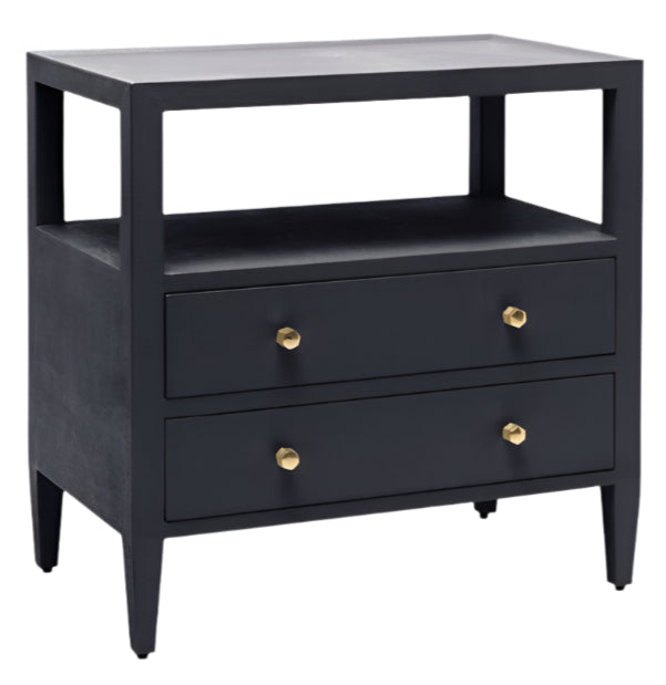 The Made Goods Jarin Nightstand is a modern black linen piece with two drawers featuring gold knobs, an open upper shelf, and smooth European glides. Its quality craftsmanship ensures lasting style and durability.