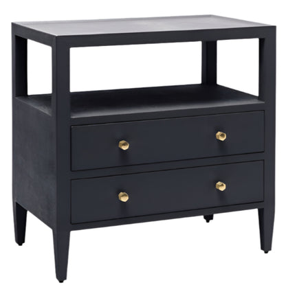 The Made Goods Jarin Nightstand is a modern black linen piece with two drawers featuring gold knobs, an open upper shelf, and smooth European glides. Its quality craftsmanship ensures lasting style and durability.