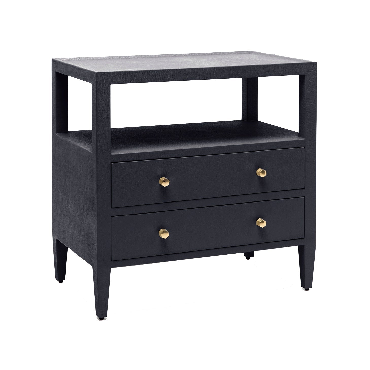 The Jarin Nightstand Collection by Made Goods features a black wooden nightstand with two drawers with gold knobs, smooth European glides, and an open shelf above, shown against a white background.