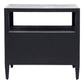 The Jarin Nightstand by Made Goods is a black rectangular wooden side table with an open shelf below the tabletop and four straight legs, crafted with quality workmanship.