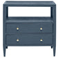 The Jarin Nightstand by Made Goods is a dark blue wooden piece with two European-glide drawers, gold knobs, and an open shelf above, highlighting quality craftsmanship.