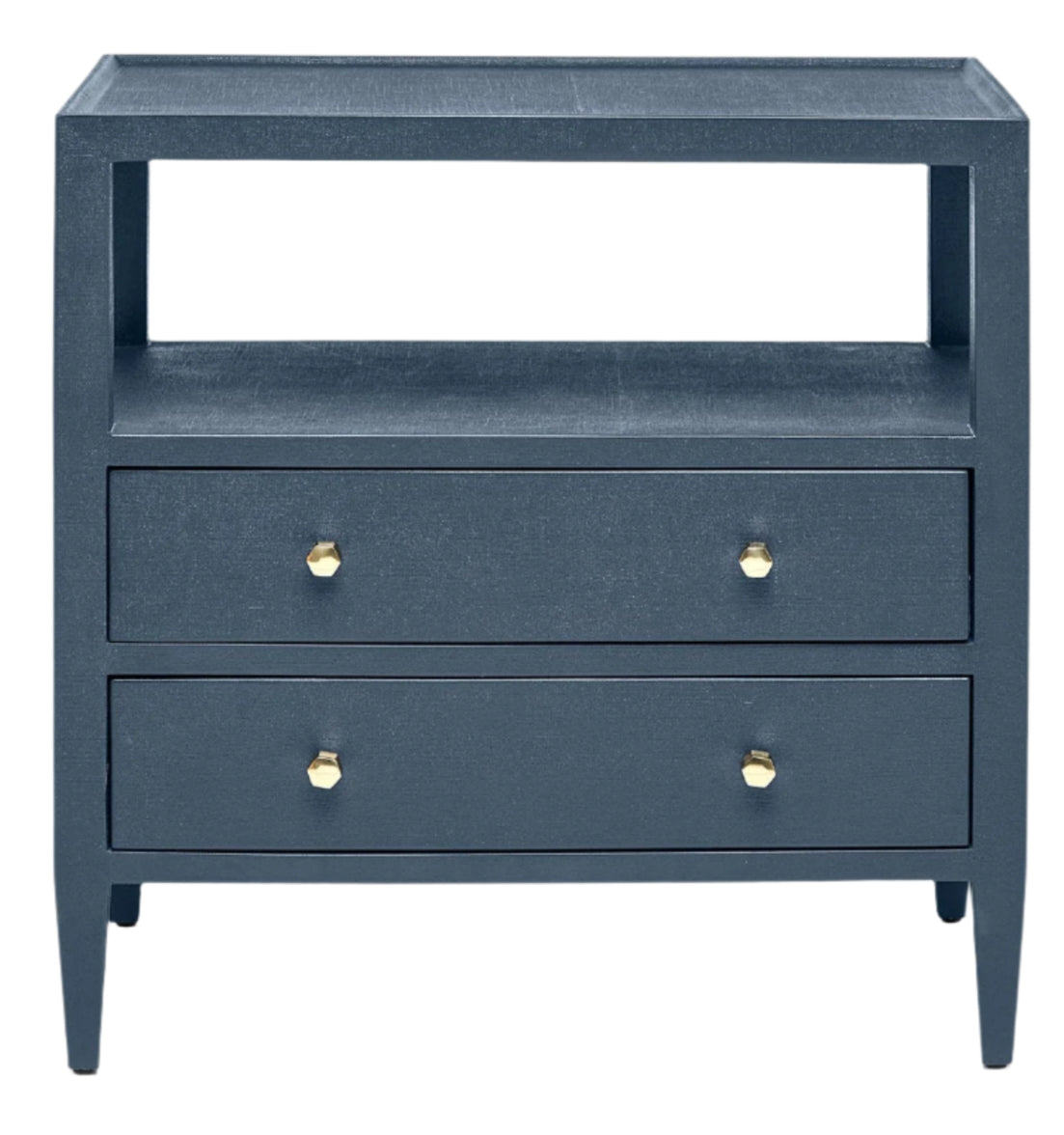 The Jarin Nightstand by Made Goods is a dark blue wooden piece with two European-glide drawers, gold knobs, and an open shelf above, highlighting quality craftsmanship.