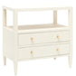 The Jarin Nightstand by Made Goods is a white wooden piece with two drawers on European glides, four gold knobs, an open shelf above, and tapered legs—offering stylish design and expert craftsmanship.