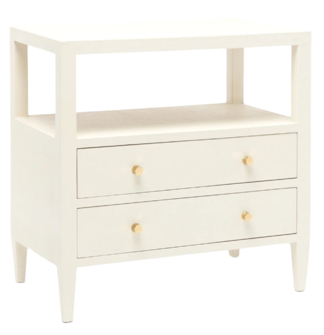 The Jarin Nightstand by Made Goods is a white wooden piece with two drawers on European glides, four gold knobs, an open shelf above, and tapered legs—offering stylish design and expert craftsmanship.