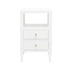 The Jarin Nightstand Collection by Made Goods features a white linen finish, two drawers with round gold knobs, European glides for smooth use, and an open shelf above—all beautifully presented against a plain white background.