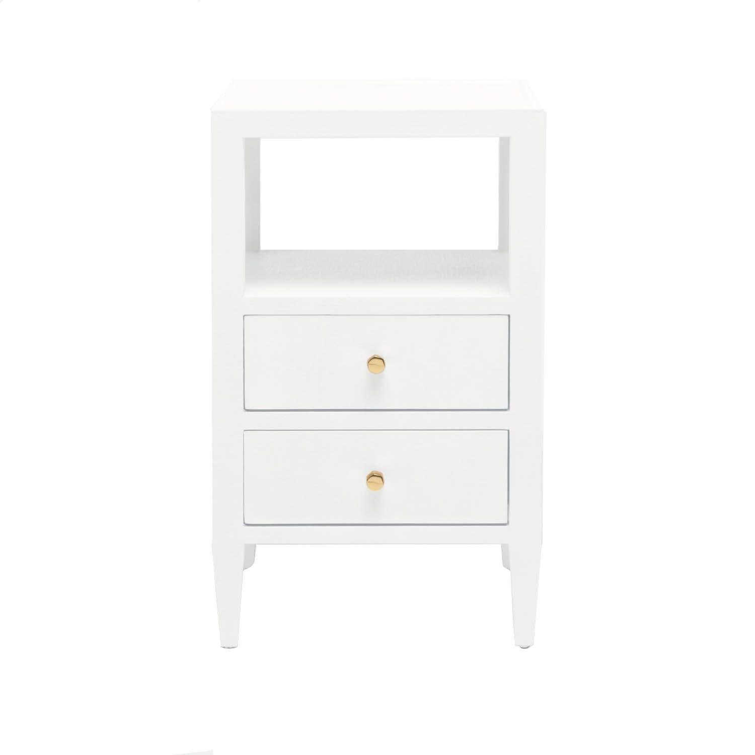 The Jarin Nightstand Collection by Made Goods features a white linen finish, two drawers with round gold knobs, European glides for smooth use, and an open shelf above—all beautifully presented against a plain white background.