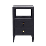 The Jarin Nightstand Collection by Made Goods features a black rectangular nightstand with two drawers, gold knobs, an open shelf, and smooth European glides for easy use—a perfect blend of elegance and quality craftsmanship.