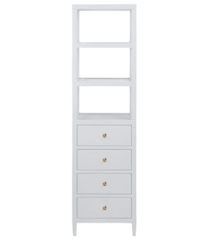 The Jarin Tall Cabinet by Made Goods offers elegant storage with three open shelves above and four soft-close drawers featuring round gold knobs below.