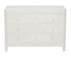 The Lexi Dresser by Made Goods showcases an Indian-inspired white floral inlay pattern with round knobs and elegant camel bone accents, beautifully crafted and viewed from the front.
