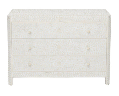 The Lexi Dresser by Made Goods showcases an Indian-inspired white floral inlay pattern with round knobs and elegant camel bone accents, beautifully crafted and viewed from the front.