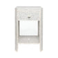 The Made Goods Lexi Nightstand Collection features compact rectangular nightstands with a single drawer, lower shelf, and a white and light grey floral Indian inlay pattern.