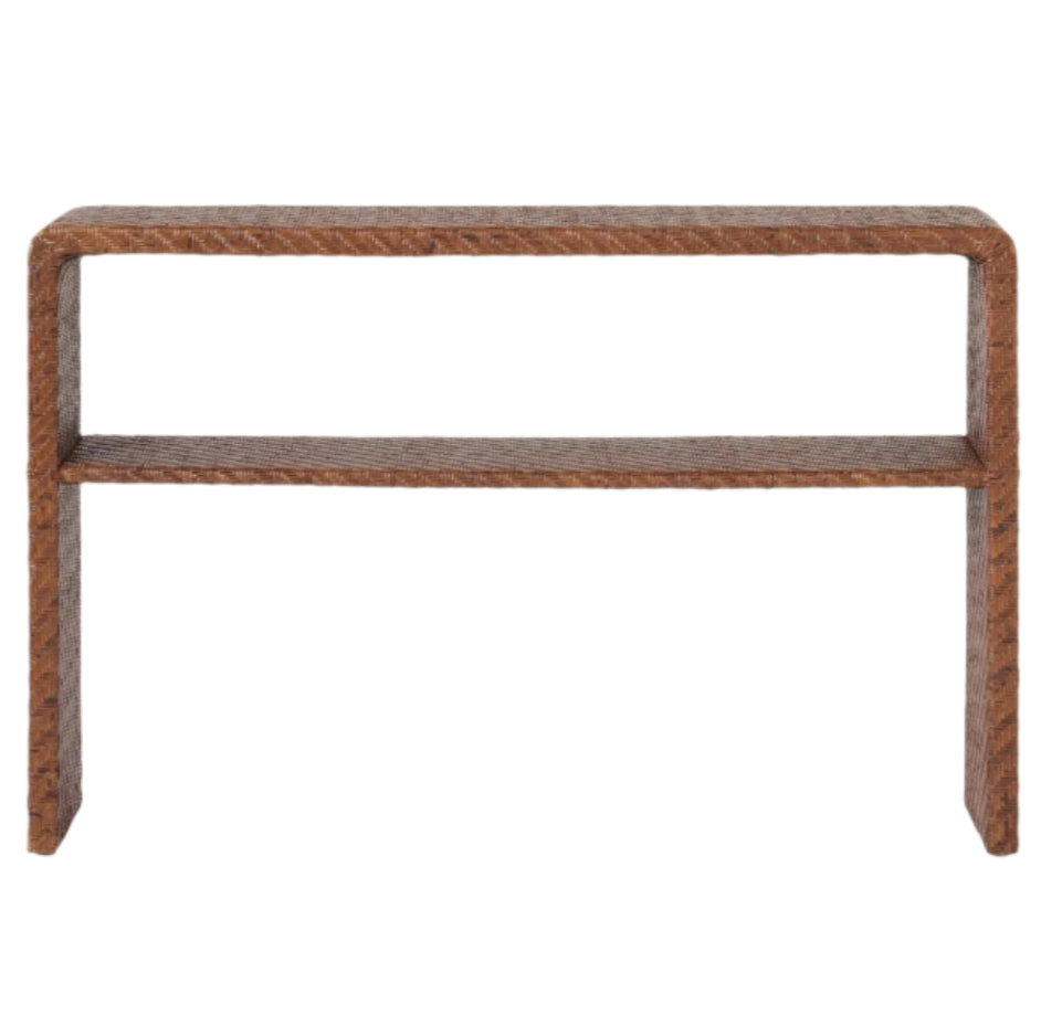 The Lynette Console by Made Goods features a rectangular design with a rusted metal finish, one lower storage shelf, and an industrial, minimalist style.