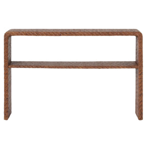 The Lynette Console by Made Goods features a rectangular design with a rusted metal finish, one lower storage shelf, and an industrial, minimalist style.