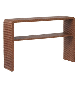 The Lynette Console by Made Goods features a rectangular brown design with a textured woven rattan surface and an open shelf below, providing extra storage and a relaxed coastal feel.