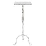 The Maddy Drinks Table by Made Goods features a small silver iron square top, slender central stem, and three curved legs—perfect as a chic accent piece.