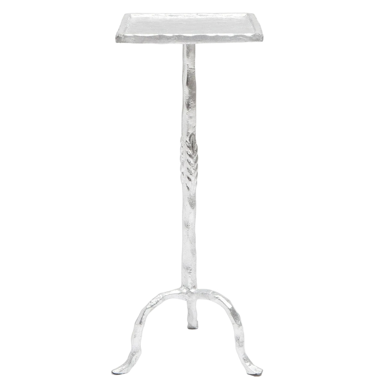 The Maddy Drinks Table by Made Goods features a small silver iron square top, slender central stem, and three curved legs—perfect as a chic accent piece.