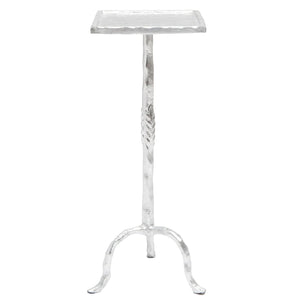 The Maddy Drinks Table by Made Goods features a small silver iron square top, slender central stem, and three curved legs—perfect as a chic accent piece.