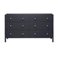 The Made Goods Maris Dresser Collection features a black six-drawer dresser with overlay drawer panels, round gold knobs, and simple raised feet, displayed against a white background.