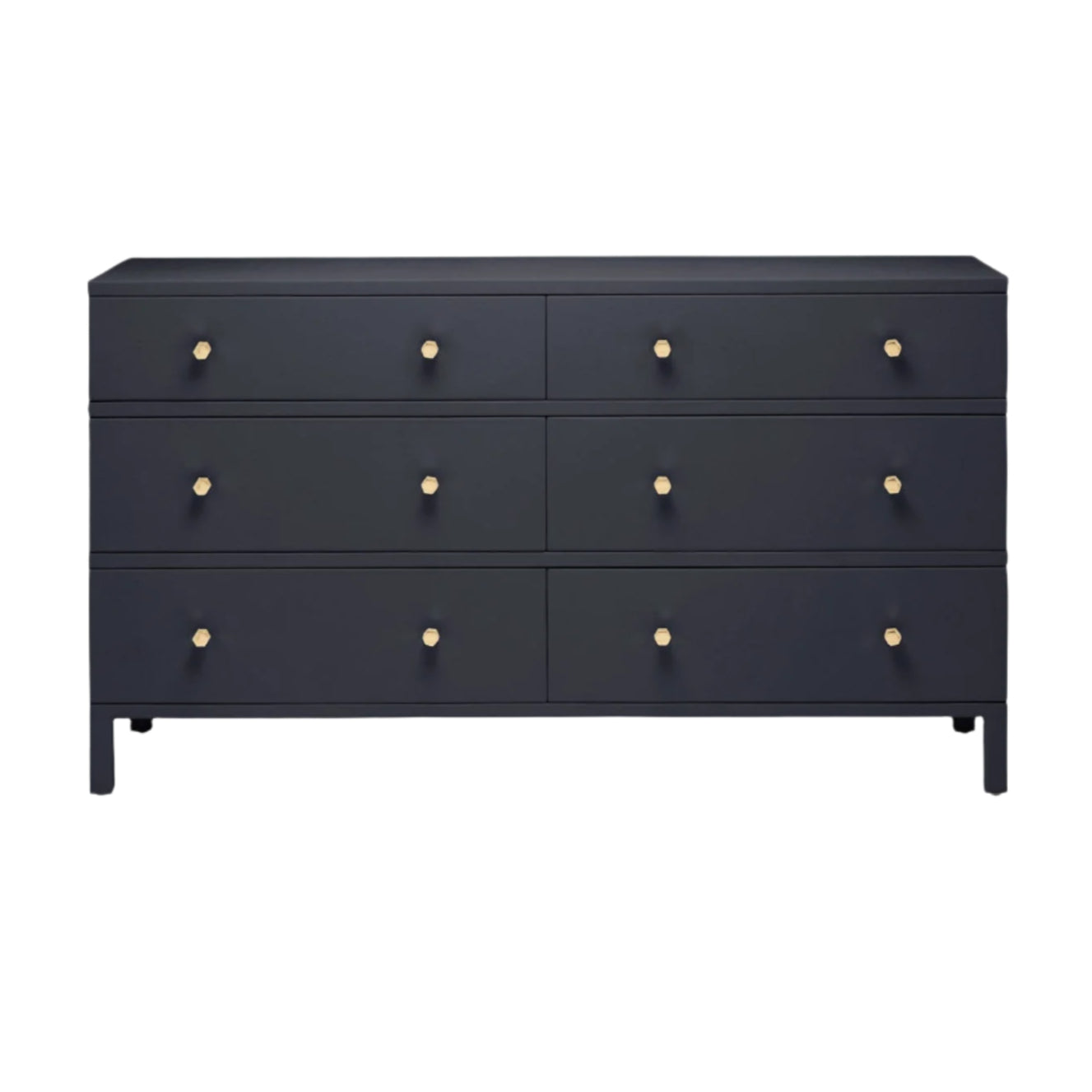 The Made Goods Maris Dresser Collection features a black six-drawer dresser with overlay drawer panels, round gold knobs, and simple raised feet, displayed against a white background.