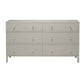 The Maris Dresser Collection by Made Goods features a light grey six-drawer dresser with gold circular knobs, overlay drawer panels, and raised feet, shown against a plain white background.