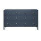 The Maris Dresser Collection by Made Goods features a dark blue six-drawer dresser with gold round knobs, raised feet, and overlay drawer panels, displayed on a white background.