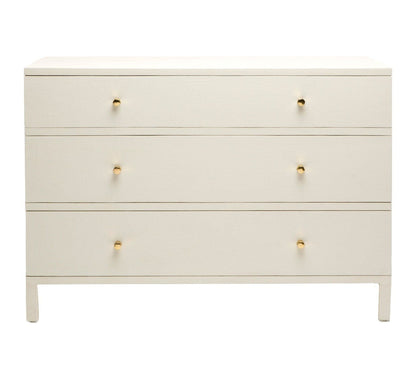 The Maris Dresser Collection by Made Goods features a white faux Belgian linen dresser with three drawers, gold round knobs, and straight legs, displayed from the front against a plain background.