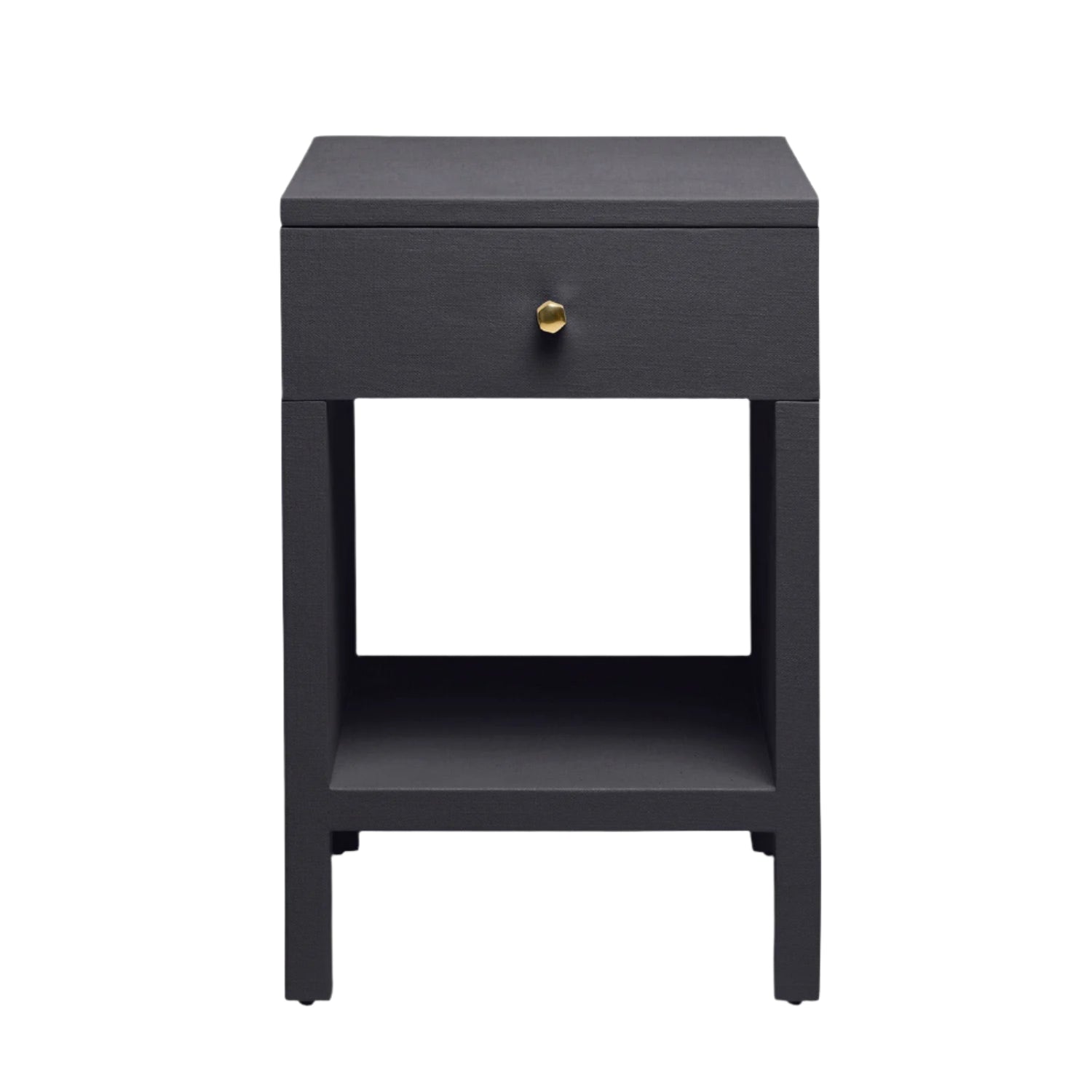 The Maris Nightstand Collection by Made Goods features a black wooden nightstand with raised feet, a single drawer with a round gold knob and overlay panels, and an open shelf below, displayed against a white background.
