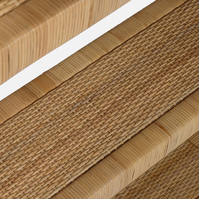 Close-up view of three woven natural fiber panels, showcasing texture and pattern—ideal for adding visual interest to the Made Goods Tottie Bookcase.