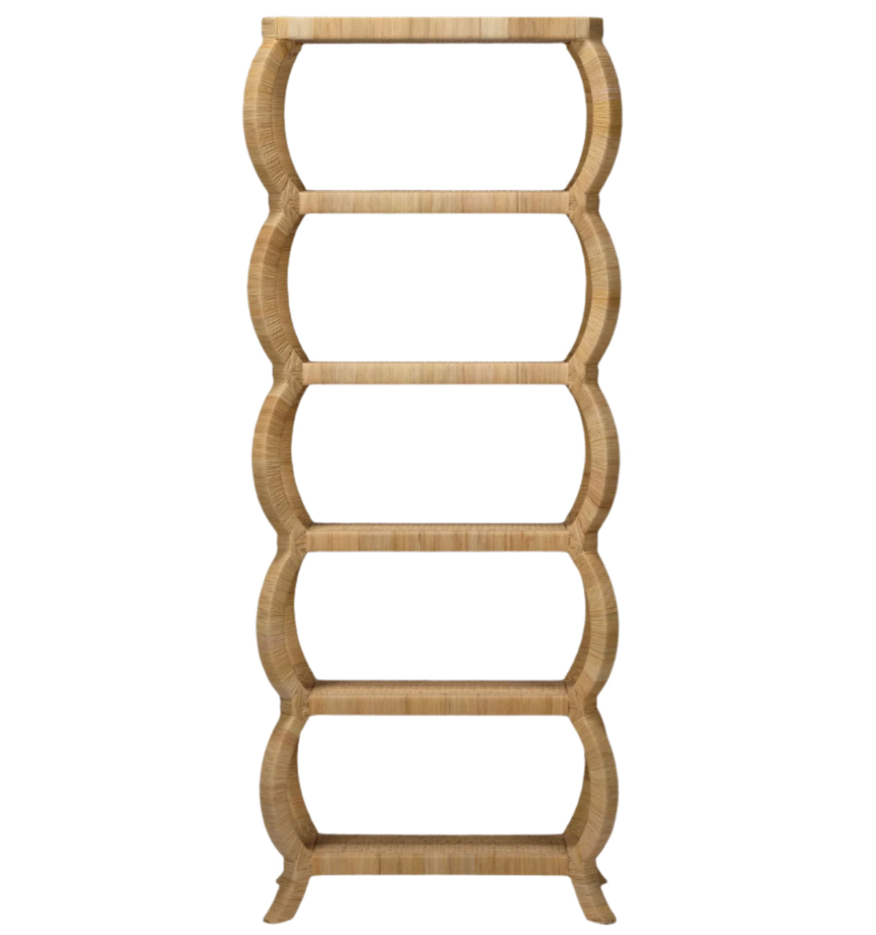 The Tottie Bookcase by Made Goods is a tall, five-tier wooden bookshelf with wave-like curved sides, a light natural finish, and subtle natural variations, shown against a white background.