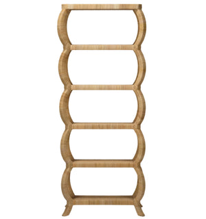 The Tottie Bookcase by Made Goods is a tall, five-tier wooden bookshelf with wave-like curved sides, a light natural finish, and subtle natural variations, shown against a white background.