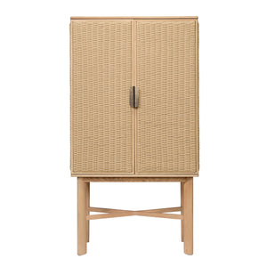 The Vanna Bar Cabinet by Made Goods features a metal handle and is crafted in elegant oak veneer for a stylish look.