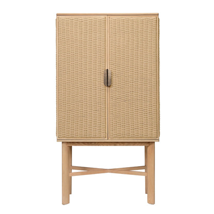 The Vanna Bar Cabinet by Made Goods features a metal handle and is crafted in elegant oak veneer for a stylish look.