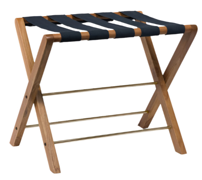 The Made Goods Walvia Teak and Navy Luggage Rack features navy canvas straps and two horizontal brass bars at the base, providing stylish support for holding suitcases.